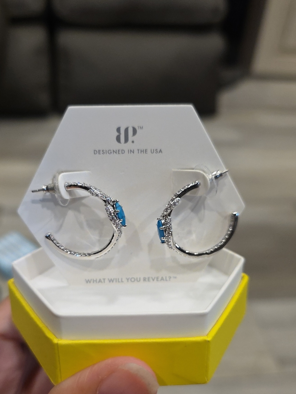 Silver Hoop Earrings with Turquoise Accent by 8P